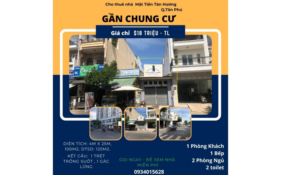 Cho thuê Nhà Mặt Tiền Tân Hương 100m2, 18 triệu,gần Chung Cư